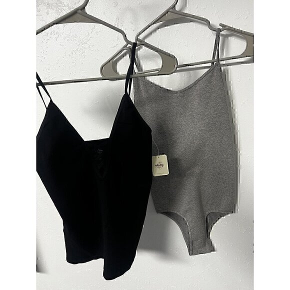 FREE PEOPLE BUNDLE BASIC, GRAY BODYSUIT PULLOVER, BLACK SPAGHETTI TANK BLACK, XS - Picture 1 of 7